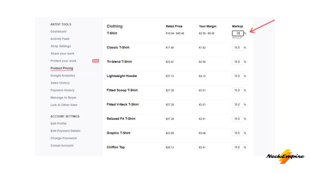 change profit margins on Redbubble